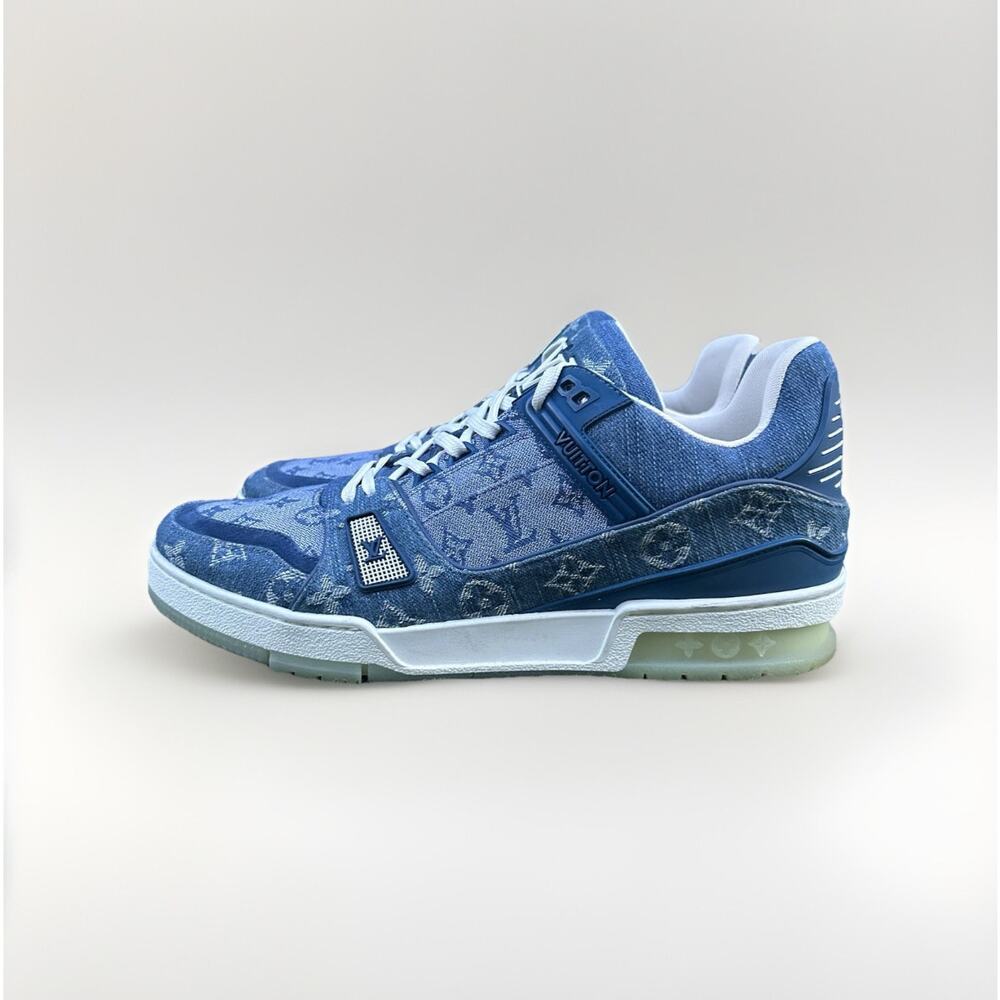 Authenticated Louis Vuitton Trainer Denim Blue Monogram Sneakers Size 9.5 COA